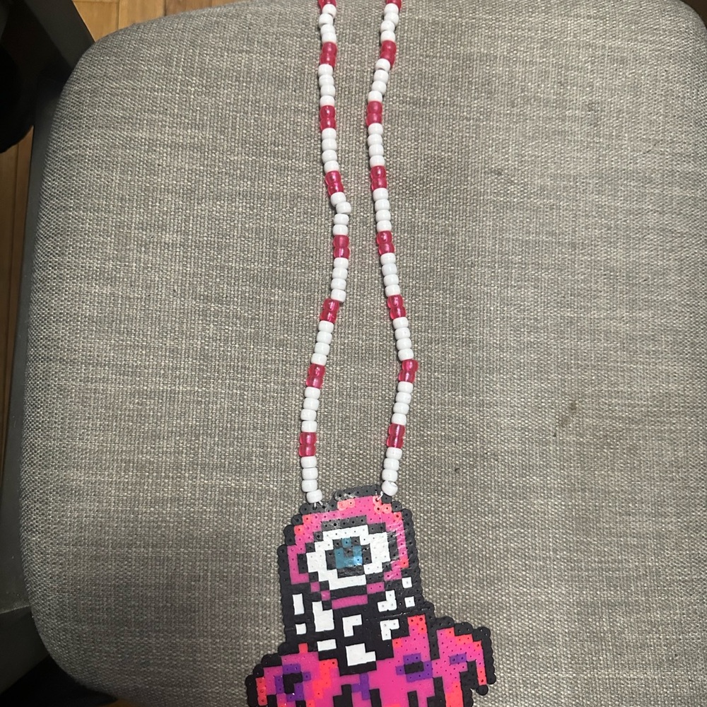 Pink and White Subtronics Perler bead necklace